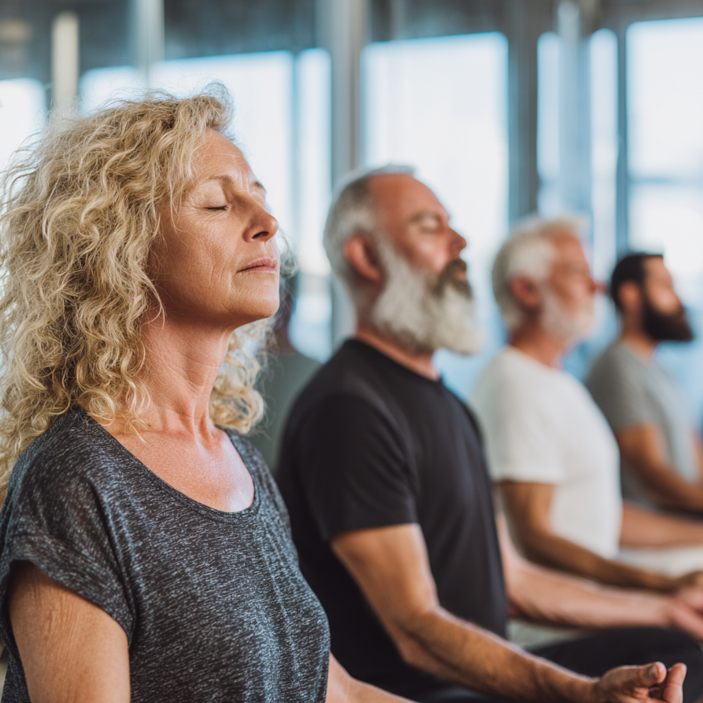 Group of diverse Polish adults practicing flowing yoga movements in a bright, peaceful studio